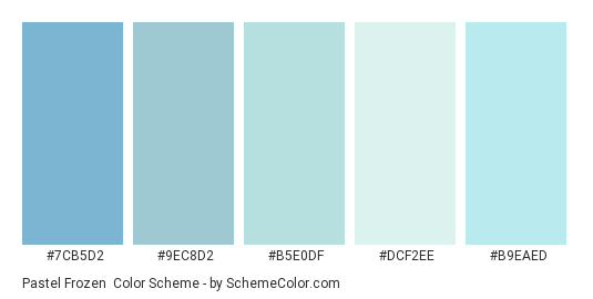 Pastel Frozen - Color scheme palette thumbnail - #7CB5D2 #9EC8D2 #B5E0DF #DCF2EE #B9EAED 
