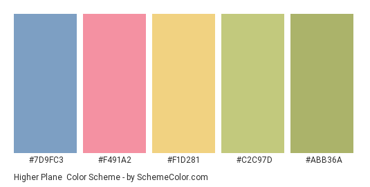 Higher Plane - Color scheme palette thumbnail - #7D9FC3 #F491A2 #F1D281 #C2C97D #ABB36A 