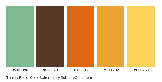 Trendy Retro - Color scheme palette thumbnail - #7DB890 #583928 #DC6912 #EDA232 #FCD25D 