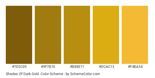 Shades of Dark Gold - Color scheme palette thumbnail - #7E5C09 #9F7B10 #B88E11 #DCAC13 #F4BA34 