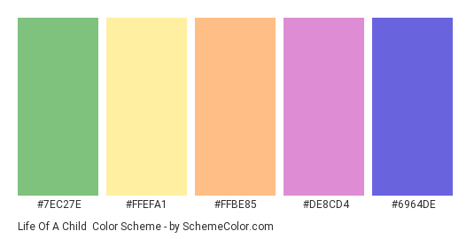 Life of a Child - Color scheme palette thumbnail - #7EC27E #FFEFA1 #FFBE85 #DE8CD4 #6964DE 
