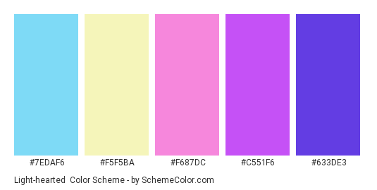 Light-hearted - Color scheme palette thumbnail - #7EDAF6 #F5F5BA #F687DC #C551F6 #633DE3 