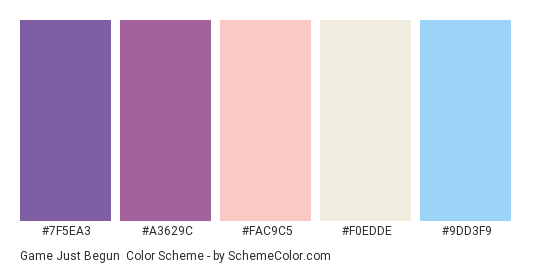 Game Just Begun - Color scheme palette thumbnail - #7F5EA3 #A3629C #FAC9C5 #F0EDDE #9DD3F9 