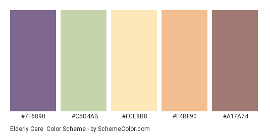 Elderly Care - Color scheme palette thumbnail - #7F6890 #C5D4AB #FCE8B8 #F4BF90 #A17A74 