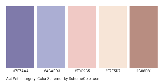 Act with Integrity - Color scheme palette thumbnail - #7F7AAA #ABAED3 #F0C9C5 #F7E5D7 #B88D81 
