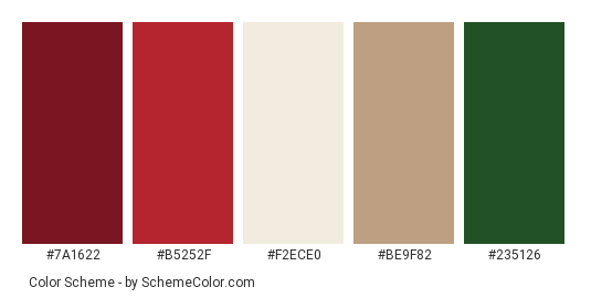 Bloody Red Mushroom - Color scheme palette thumbnail - #7a1622 #b5252f #f2ece0 #be9f82 #235126 