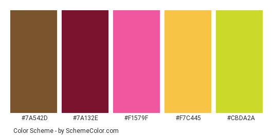 Flower Pink - Color scheme palette thumbnail - #7a542d #7a132e #f1579f #f7c445 #cbda2a 