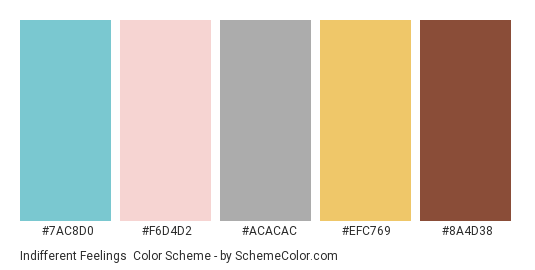 Indifferent Feelings - Color scheme palette thumbnail - #7ac8d0 #f6d4d2 #ACACAC #efc769 #8a4d38 