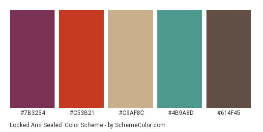 Locked and Sealed - Color scheme palette thumbnail - #7b3254 #c53b21 #c9af8c #4b9a8d #614f45 