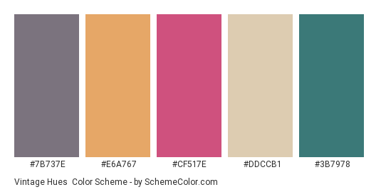 Vintage Hues - Color scheme palette thumbnail - #7b737e #e6a767 #cf517e #ddccb1 #3b7978 