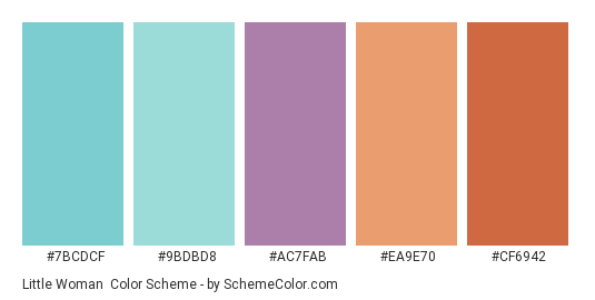 Little Woman - Color scheme palette thumbnail - #7bcdcf #9bdbd8 #ac7fab #ea9e70 #cf6942 