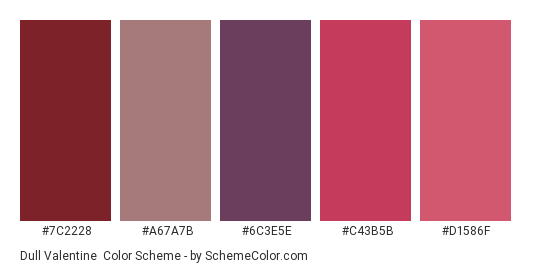 Dull Valentine - Color scheme palette thumbnail - #7c2228 #a67a7b #6c3e5e #c43b5b #d1586f 