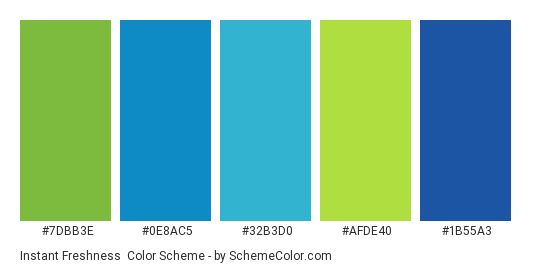 Instant Freshness - Color scheme palette thumbnail - #7dbb3e #0e8ac5 #32b3d0 #afde40 #1b55a3 
