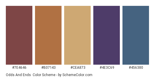 Odds and Ends - Color scheme palette thumbnail - #7e4646 #b07143 #cea873 #4e3c69 #456380 