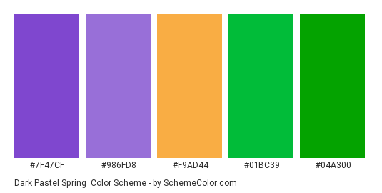Dark Pastel Spring - Color scheme palette thumbnail - #7f47cf #986fd8 #f9ad44 #01bc39 #04a300 