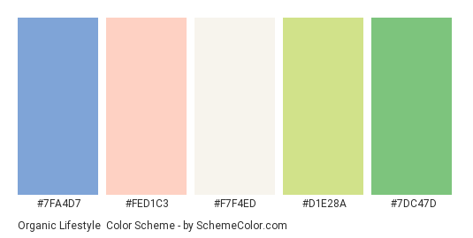 Organic Lifestyle - Color scheme palette thumbnail - #7fa4d7 #fed1c3 #f7f4ed #d1e28a #7dc47d 