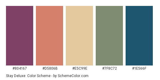 Stay Deluxe - Color scheme palette thumbnail - #804167 #D5806B #E5C99E #7F8C72 #1E566F 