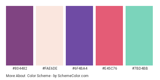 Move About - Color scheme palette thumbnail - #804482 #fae6de #6f4ba4 #e45c76 #7bd4bb 