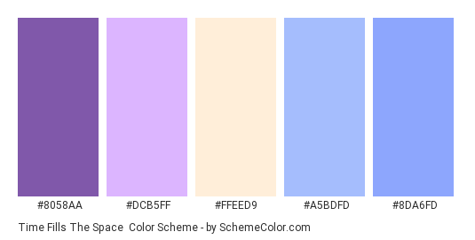 Time Fills the Space - Color scheme palette thumbnail - #8058AA #DCB5FF #ffeed9 #A5BDFD #8DA6FD 