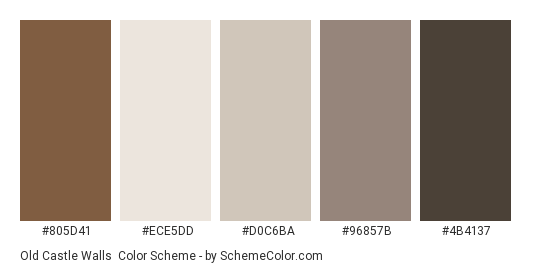 Old Castle Walls - Color scheme palette thumbnail - #805d41 #ece5dd #d0c6ba #96857b #4b4137 
