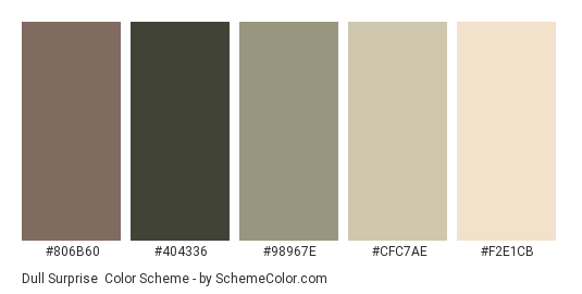 Dull Surprise - Color scheme palette thumbnail - #806B60 #404336 #98967E #CFC7AE #F2E1CB 