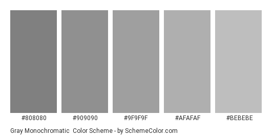 Gray Monochromatic - Color scheme palette thumbnail - #808080 #909090 #9F9F9F #AFAFAF #BEBEBE 