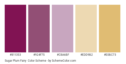Sugar Plum Fairy - Color scheme palette thumbnail - #811353 #924f75 #c8a6bf #edd9b2 #e0bc73 