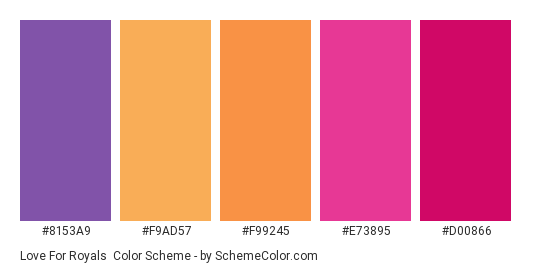 Love for Royals - Color scheme palette thumbnail - #8153A9 #F9AD57 #F99245 #E73895 #D00866 