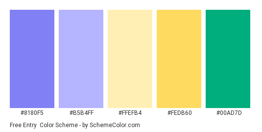 Free Entry - Color scheme palette thumbnail - #8180F5 #B5B4FF #FFEFB4 #FEDB60 #00AD7D 