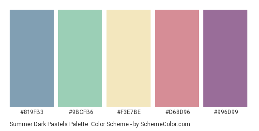 Summer Dark Pastels Palette - Color scheme palette thumbnail - #819FB3 #9BCFB6 #F3E7BE #D68D96 #996D99 