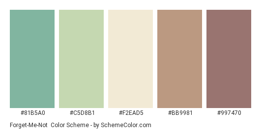 Forget-Me-Not - Color scheme palette thumbnail - #81B5A0 #C5D8B1 #F2EAD5 #BB9981 #997470 