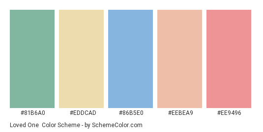 Loved One - Color scheme palette thumbnail - #81B6A0 #EDDCAD #86B5E0 #EEBEA9 #EE9496 