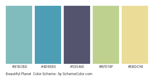 Beautiful Planet - Color scheme palette thumbnail - #81BCBD #4D9EB5 #55546E #BFD18F #EBDC98 