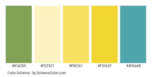 Yellow Dahlia - Color scheme palette thumbnail - #81a355 #fcf3c1 #f8e361 #f1d62f #4fa6ab 