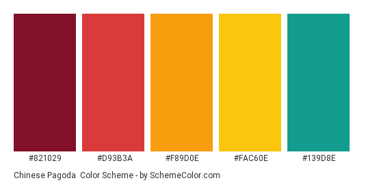 Chinese Pagoda - Color scheme palette thumbnail - #821029 #D93B3A #F89D0E #FAC60E #139D8E 