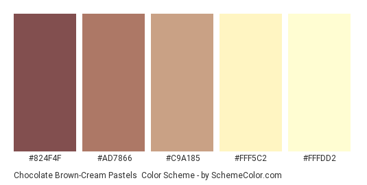 Chocolate Brown-Cream Pastels - Color scheme palette thumbnail - #824F4F #AD7866 #C9A185 #FFF5C2 #FFFDD2 