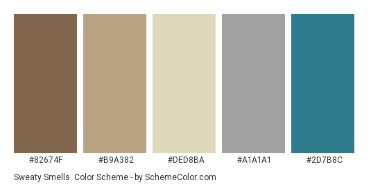 Sweaty Smells - Color scheme palette thumbnail - #82674F #B9A382 #DED8BA #A1A1A1 #2D7B8C 