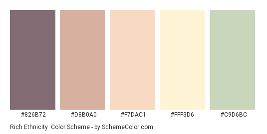 Rich Ethnicity - Color scheme palette thumbnail - #826B72 #D8B0A0 #F7DAC1 #FFF3D6 #C9D6BC 