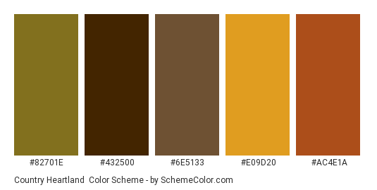 Country Heartland - Color scheme palette thumbnail - #82701e #432500 #6e5133 #e09d20 #ac4e1a 