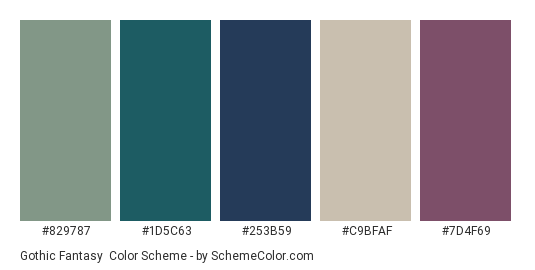 Gothic Fantasy - Color scheme palette thumbnail - #829787 #1D5C63 #253B59 #C9BFAF #7D4F69 