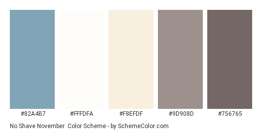 No Shave November - Color scheme palette thumbnail - #82A4B7 #FFFDFA #F8EFDF #9D908D #756765 