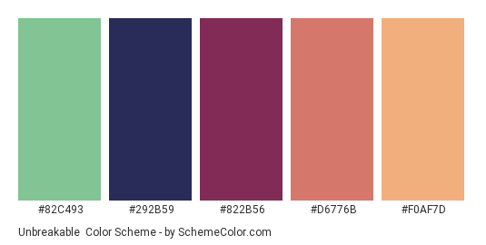 Unbreakable - Color scheme palette thumbnail - #82C493 #292B59 #822B56 #D6776B #F0AF7D 