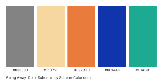 Going Away - Color scheme palette thumbnail - #838383 #f5d79f #e97b3c #0f34ac #1cab91 