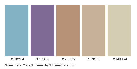 Sweet Cafe - Color scheme palette thumbnail - #83B2C4 #7E6A95 #B89276 #C7B198 #D4CDB4 
