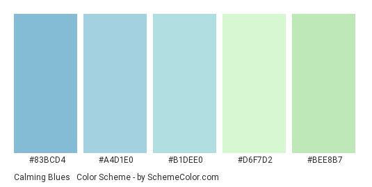 Calming Blues & Greens - Color scheme palette thumbnail - #83BCD4 #A4D1E0 #B1DEE0 #D6F7D2 #BEE8B7 