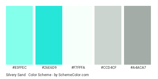 Silvery Sand & Turquoise Sea - Color scheme palette thumbnail - #83FFEC #26e6d9 #F7FFFA #CCD4CF #A4ACA7 