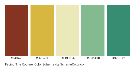 Facing the Routine - Color scheme palette thumbnail - #843421 #d7b73f #ebe8ba #83BA90 #378D72 
