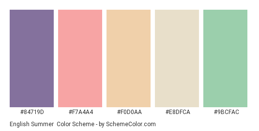 English Summer - Color scheme palette thumbnail - #84719D #F7A4A4 #F0D0AA #E8DFCA #9BCFAC 