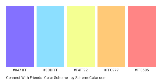 Connect with Friends - Color scheme palette thumbnail - #8471FF #8CDFFF #F4FF92 #FFC977 #FF8585 