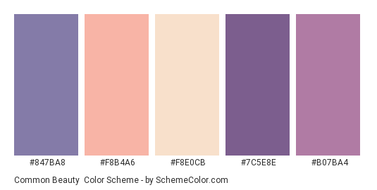 Common Beauty - Color scheme palette thumbnail - #847BA8 #F8B4A6 #F8E0CB #7C5E8E #B07BA4 